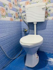 een badkamer met een wit toilet in een blauwe muur bij Chewang Homestay in Darjeeling