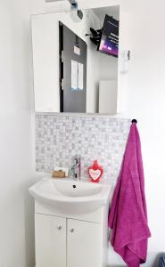 a bathroom with a sink and a pink towel at Rentumi Hostel Gryfino-Noclegi Pracownicze i turystyczne in Gryfino