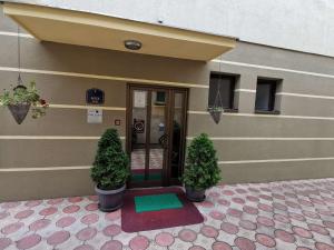 a building with two potted trees in front of a door at Hotel Vila Sunce in Stara Pazova