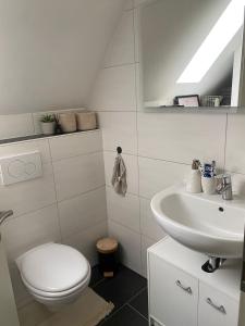 Wunderschönes 2 Zimmer Apartment inkl. Parkplatz في Asbach: حمام به مرحاض أبيض ومغسلة