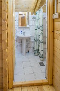 a bathroom with a sink and a shower curtain at House Jaksic in Žabljak