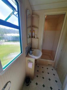y baño pequeño con lavabo y ducha. en Camping du Lac MH Azur, en Égletons