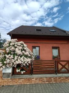 a house with a large flowering bush in front of it at Apartman U Adamov in Liptovský Mikuláš