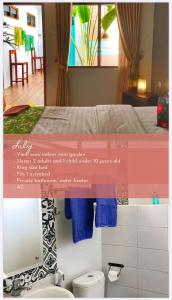 Cartel para una habitación de hotel con cama y baño en Summergrass B&B, en Yogyakarta