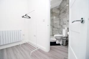 a white bathroom with a toilet and a shower at Modern 1 Bedroom - Caxton Place by Tŷ SA in Newport