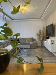 un soggiorno con divano e TV di Skywalk House a Mostar