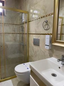 a bathroom with a shower and a toilet and a sink at AYDER PUGARİ OTEL & River Suite in Ardeşen
