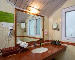 Alaya Stays Meridian Oak 5BHK Villa in Shimla في شيملا: حمام مع حوض ومرآة