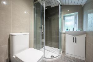 a bathroom with a shower and a toilet and a sink at Chapel Lodge by Tŷ SA in Newport
