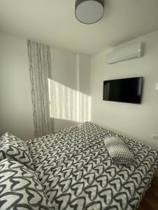 um quarto com uma cama e uma televisão de ecrã plano em Swan Apartman em Sándorfalva