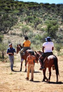 a group of people riding horses on a dirt road at Valor Wellness Retreat in Windhoek