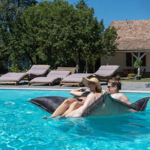 dos mujeres sentadas sobre una ballena latable en una piscina en Héthatár Wellness Vendégház - Fecskefészek, en Pusztavacs