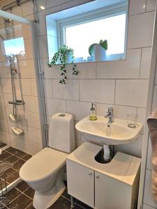 a bathroom with a toilet and a sink and a window at Gästhuset Sätuna in Sätuna +21 photos
