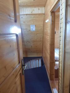 ein kleines Zimmer mit einer Holztür und einem Zimmer mit blauem Boden in der Unterkunft Cabanuta Dan & Alex in Cîrţişoara