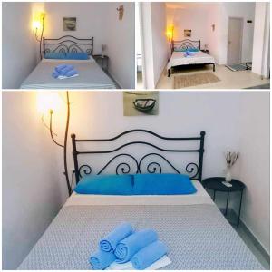 2 fotos de un dormitorio con una cama con almohadas azules en Villa Camellia, en Vrasná
