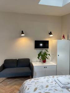 a living room with a couch and a tv on the wall at Studio in Vitry-sur-Seine