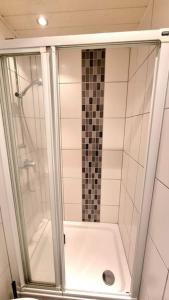 a shower with a glass door in a bathroom at City Apartment in Göttingen in Göttingen