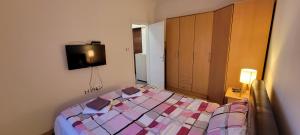 una camera da letto con un letto e una TV a parete di HIT Apartman a Paraćin