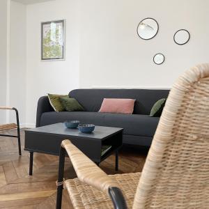 - un salon avec un canapé et une table dans l'établissement Appartement Le Saint-Pierre by La Boîte En Plus, à Senlis