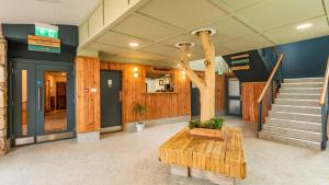 a lobby with a table and a tree in the middle at Killary Adventure Company in Leenaun