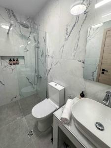 a bathroom with a toilet and a sink and a shower at 1900 Apartments Ioannina in Ioannina