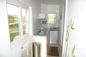 a small kitchen with a sink and two windows at Le domaine de l'Escadasse in Faycelles