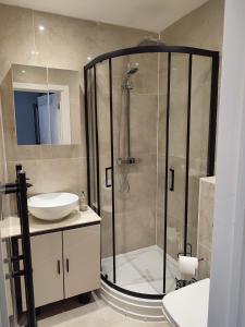 a bathroom with a shower and a sink at Bright and spacious studio flat in London