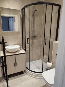 a bathroom with a shower and a sink at Bright and spacious studio flat in London