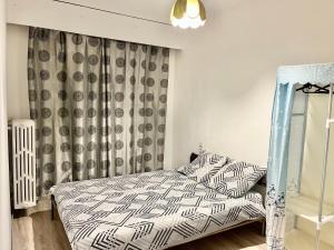 梅斯的住宿－F3 au cœur du centre de Metz，一间卧室配有一张带黑白色棉被的床
