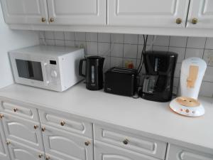 eine Küchentheke mit Mikrowelle und Geräten darauf in der Unterkunft VILLA EXPO in Brüssel