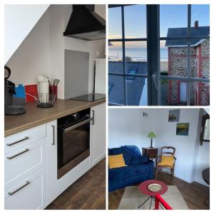 3 verschiedene Aussichten auf eine Küche mit einer Arbeitsplatte in der Unterkunft Appartement face à la plage du val André in Pléneuf-Val-André