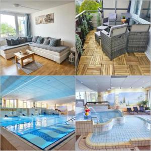 un collage de cuatro fotos de una piscina en Ferienwohnung Kleine Auszeit, en Sankt Englmar