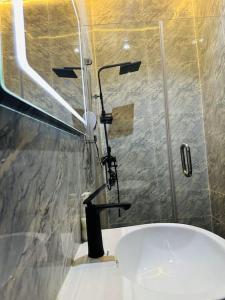 a bathroom with a shower and a white toilet at Sweet Serenity with Lagos View in Lagos