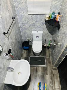 a bathroom with a white toilet and a sink at Sweet Serenity with Lagos View in Lagos