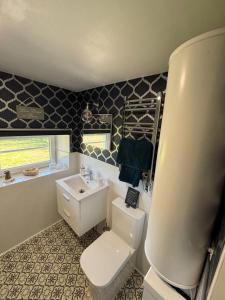 ein Badezimmer mit einem weißen WC und einem Waschbecken in der Unterkunft La Croix Douillet in Gavray