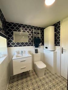 ein Bad mit einem WC, einem Waschbecken und einem Kühlschrank in der Unterkunft La Croix Douillet in Gavray