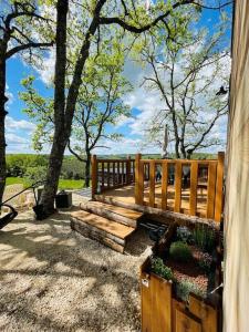 a wooden bench in a yard with trees at Tiny La Truffière-SPA-Insolite in Daglan +7 photos