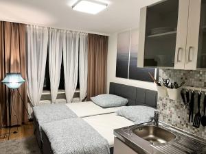 um pequeno quarto com uma cama e um lavatório em Nice Apartment in Düsseldorf em Dusseldorf