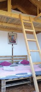ein Etagenbett aus Holz in einem Zimmer mit einer Leiter in der Unterkunft Bosnian Pyramid Glamping in Visoko