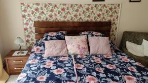 ティサフュレドにあるJánosi Vendégházのベッド(青とピンクの掛け布団、枕付)