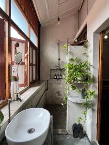 La salle de bains est pourvue d'un lavabo et d'une plante. dans l'établissement LEJU 8 樂居 Loft living with open air bathroom, à Malacca
