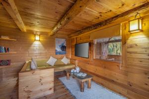 uma sala de estar com um sofá e uma televisão numa cabana de madeira em Elivaas Everly Luxury 1BHK Entire Home in Narkanda em Shimla