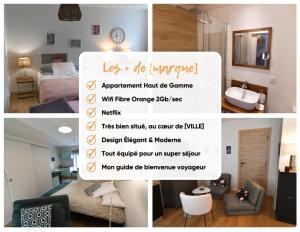 un collage de fotos de un dormitorio y una habitación en Suran - 2 pers-wifi-confort, en Oyonnax