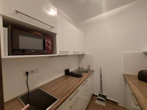 una pequeña cocina con fregadero y microondas en Color Home en Veszprém
