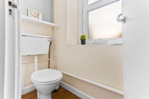 ein weißes Bad mit einem WC und einem Spiegel in der Unterkunft Mumbles View by Tŷ SA in Swansea