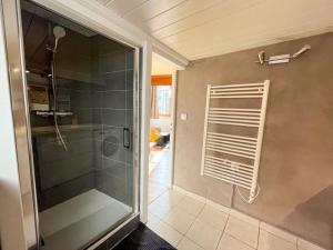 La salle de bains est pourvue d'une douche et d'une porte en verre. dans l'établissement Suite Cartier, à Lyon