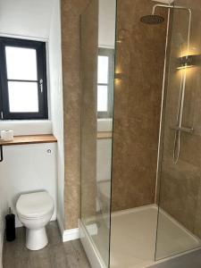een badkamer met een toilet en een glazen douche bij The Dairy in Sutton