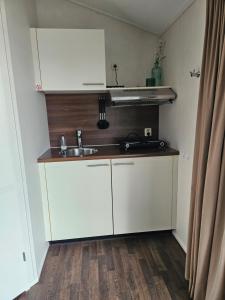 a kitchen with white cabinets and a sink at Veerhuys Tante Jet in Blitterswijck