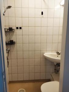 y baño con aseo y lavamanos. en id201 Vinkelvej 19 1sal th en Varde