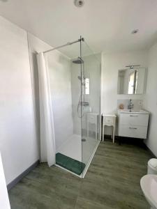 y baño con ducha acristalada y lavamanos. en Casa 4 Saisons - Studio - Piscine et Jardin - Brive, en Brive-la-Gaillarde